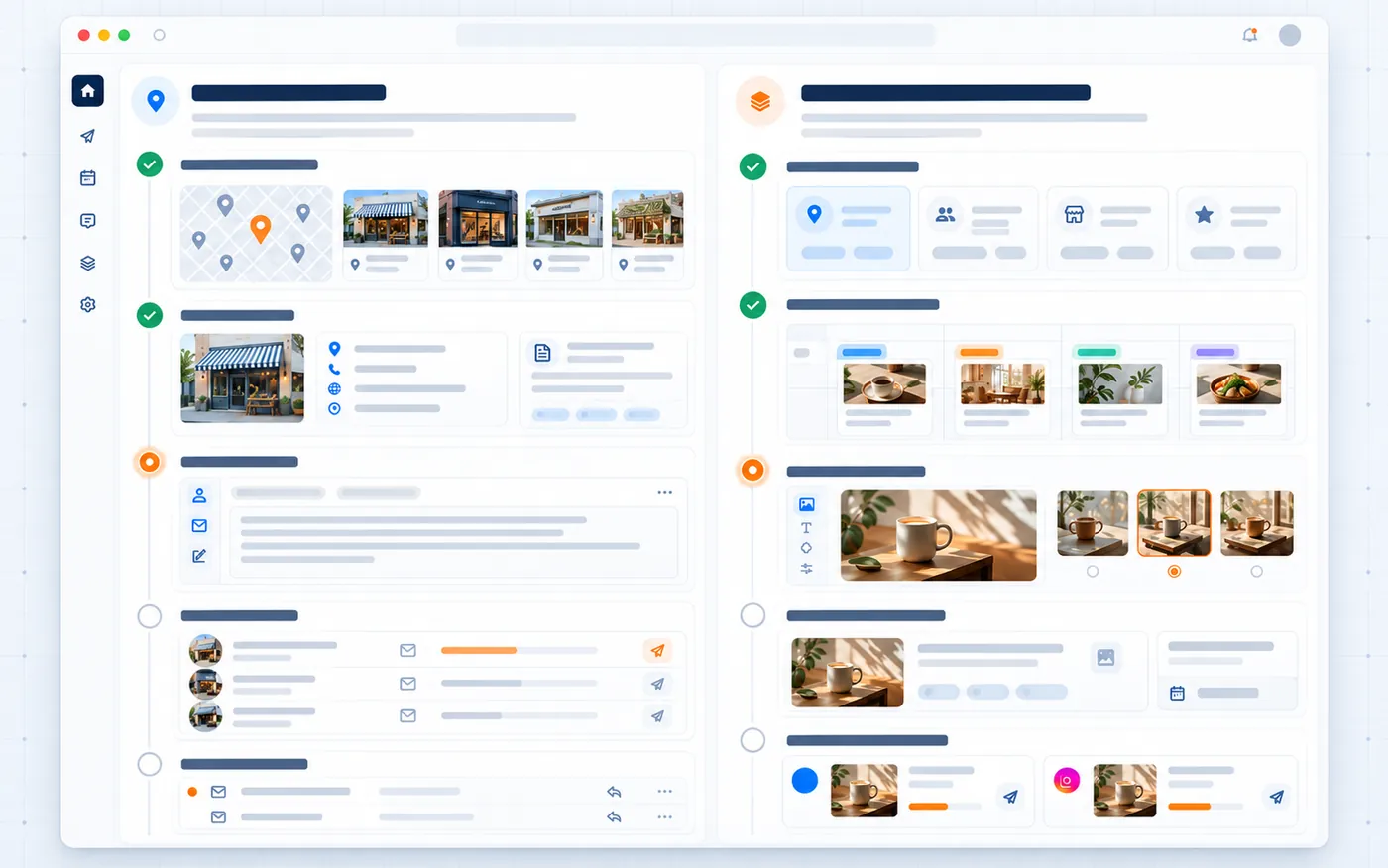 A dashboard with the two agents side by side, each showing its steps as a timeline: finished steps ticked, the current step highlighted in orange and the next steps waiting | TechQilo