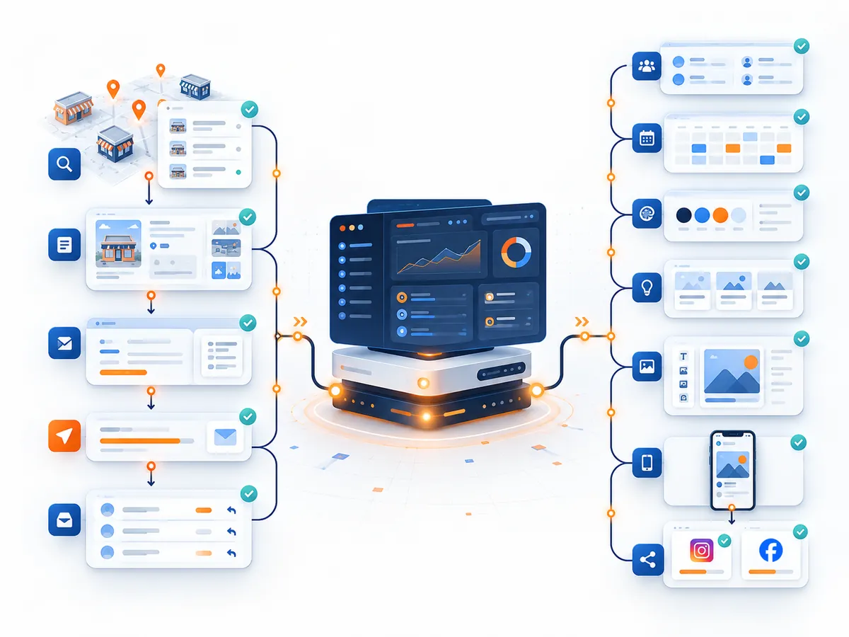 One control centre running two workflows: sales outreach on the left, from finding local businesses to sending emails and catching replies, and social media on the right, from planning content to publishing on Facebook and Instagram | TechQilo