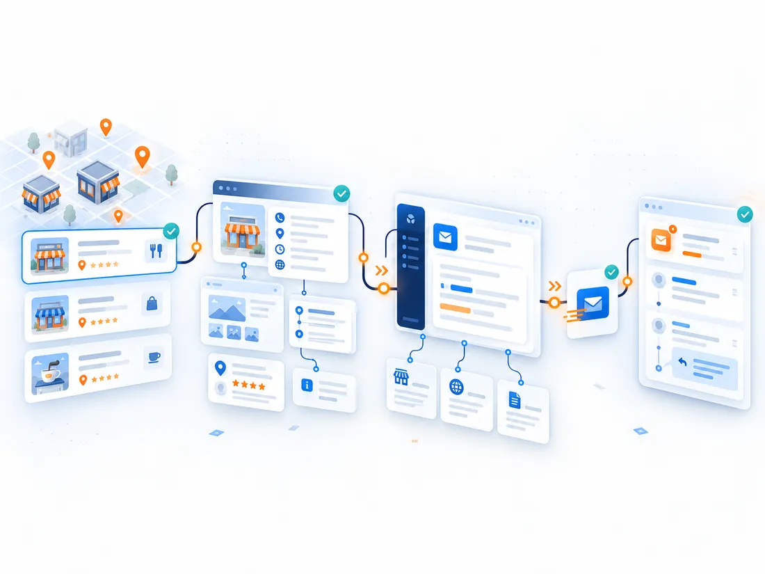 Outreach workflow: local business listings on a map, research on one business, a personalised email being written, the email sent and a reply arriving in the inbox | TechQilo