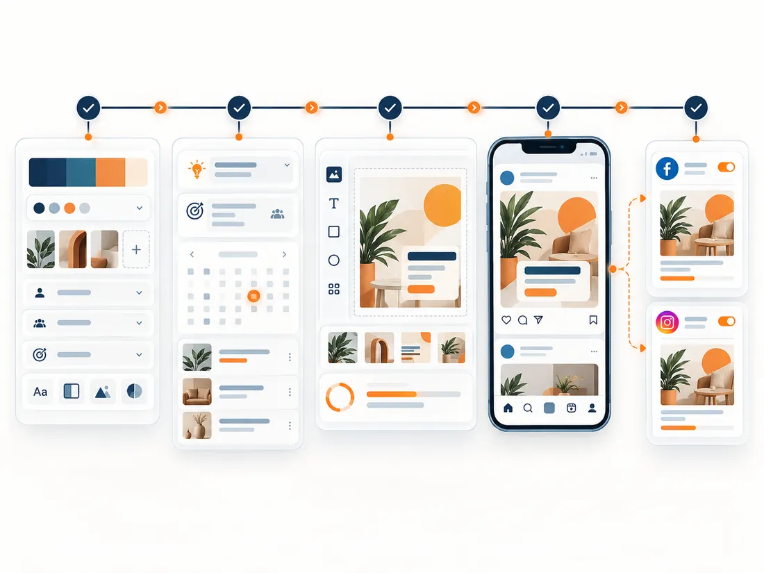 Social media workflow: brand colours and settings, a content calendar, the post being designed, a phone preview and publishing to Facebook and Instagram | TechQilo