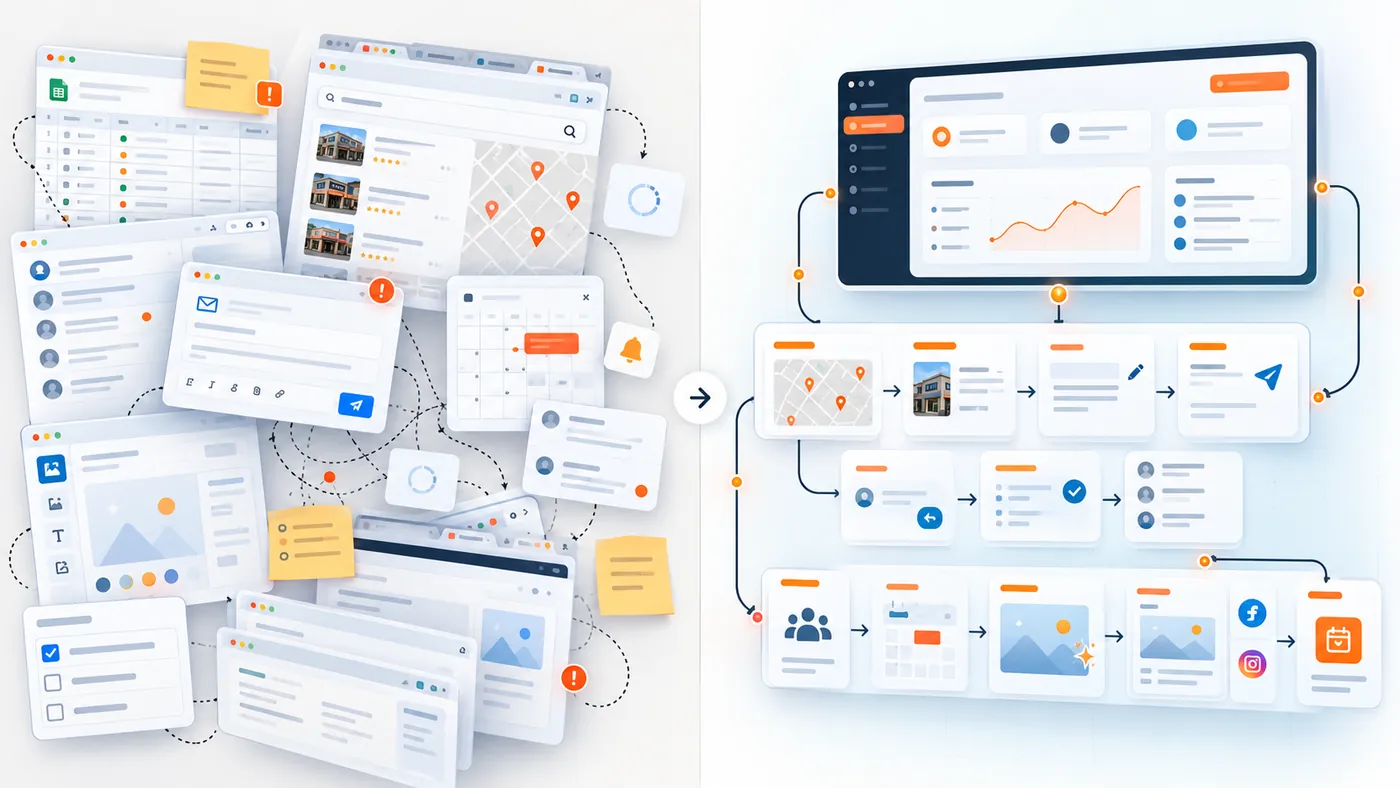 Left: manual marketing spread across spreadsheets, browser tabs, email drafts, sticky notes and calendars. Right: the same work organised into one connected outreach and social media workflow | TechQilo