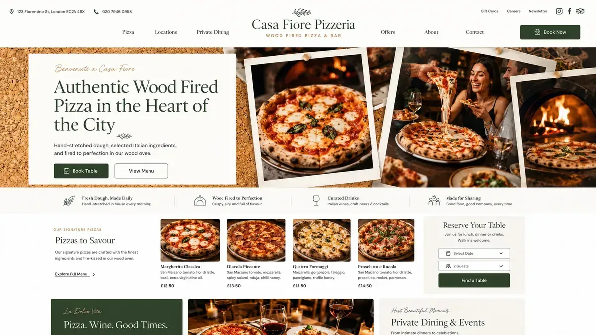 Casa Fiore Pizzeria restaurant website, a demo build showing the menu and table booking | TechQilo