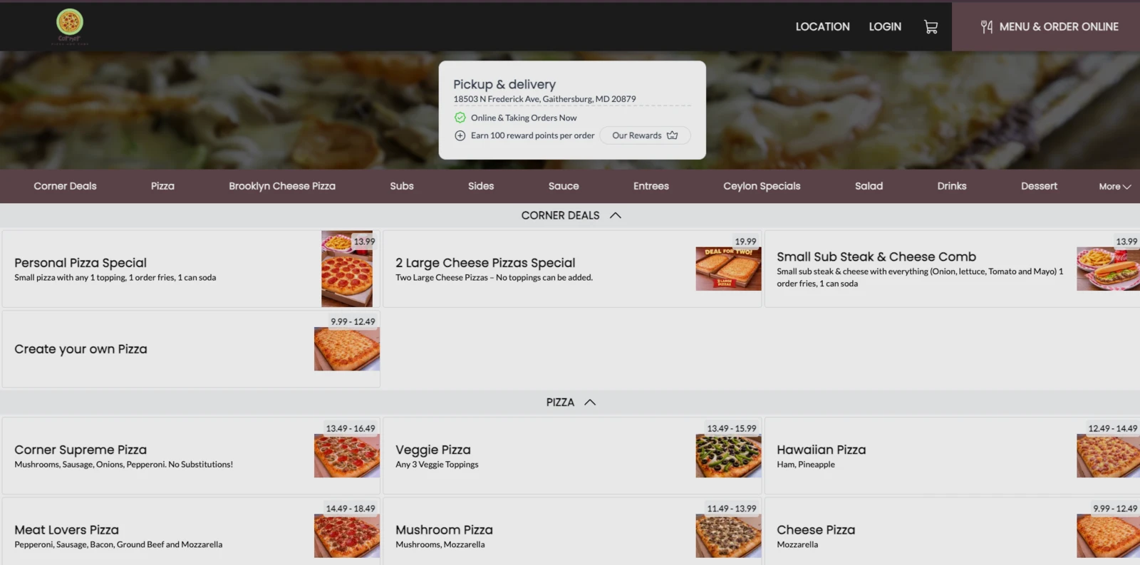 Corner Pizza and Subs menu page with online ordering and prices, a live client website | TechQilo