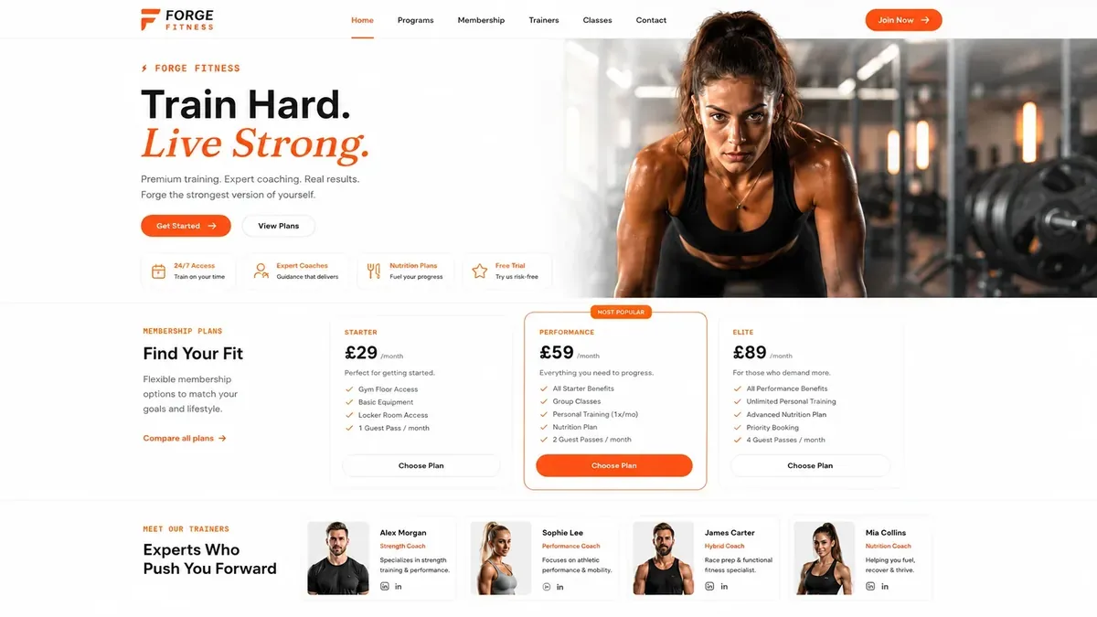Forge Fitness gym website, a demo build showing membership tiers and online joining | TechQilo