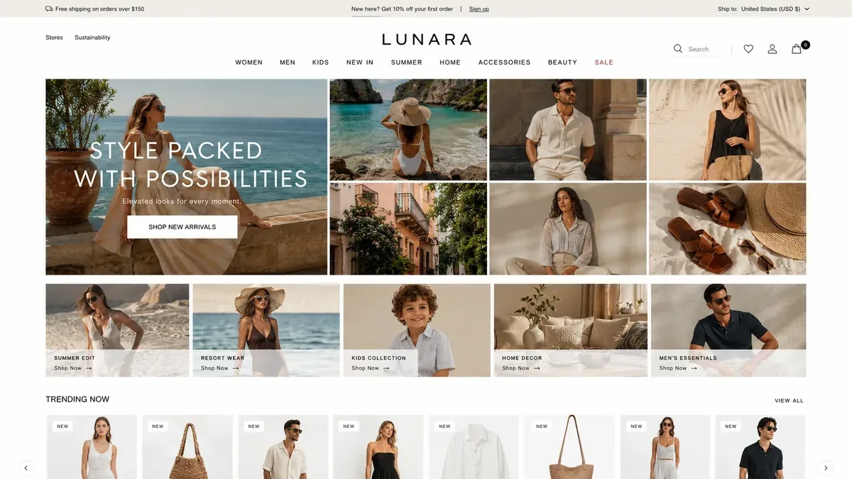 LUNARA fashion store website, a demo build showing the product catalogue and shopping cart | TechQilo