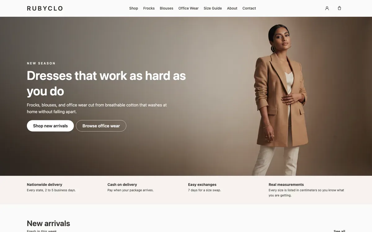 Rubyclo clothing store, a demo build showing the shop front and product grid | TechQilo